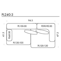 "Geometric diagram of sectional sofa in neutral tones with defined layout, featuring modern design elements."