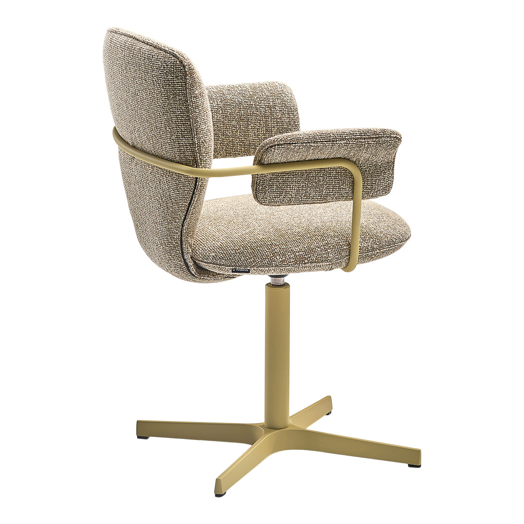 Beige textured fabric and pale gold metal base swivel chair with a modern design. Perfect for stylish office spaces.