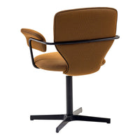 Brown upholstered chair with textured fabric and sleek black metal base, combining modern and stylish design elements.