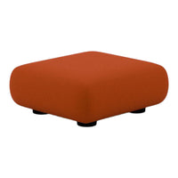 Square orange ottoman with a smooth, solid fabric surface and black feet, perfect for any modern decor.