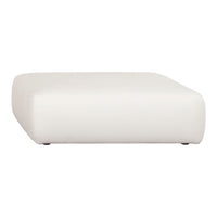 Stylish white ottoman with a smooth, contemporary design and rounded edges, perfect for modern decor.