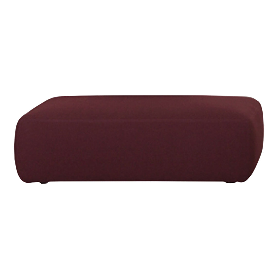 Maroon upholstered ottoman with a sleek, modern design and smooth fabric texture. Ideal for stylish living spaces.