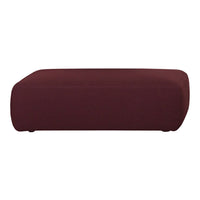 Maroon upholstered ottoman with a sleek, modern design and smooth fabric texture. Ideal for stylish living spaces.