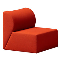 Bold orange armchair with a modern, geometric design and smooth texture, perfect for contemporary decor.