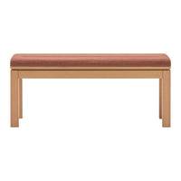 Beige wooden bench with a soft brown upholstered top, featuring a sleek, minimalist design.