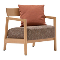 Modern wooden chair with a brown textured seat and a rust-colored cushion. Perfect blend of neutral and warm tones.