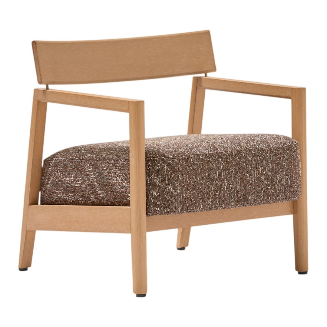 Light wood armchair with brown textured fabric cushion, featuring a minimalist design. Perfect for modern decor.