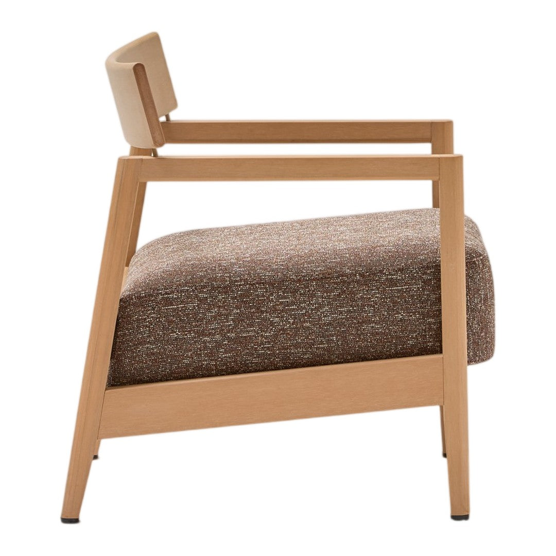 Light wood frame with a textured brown fabric seat. Modern design with clean lines and minimalistic style.