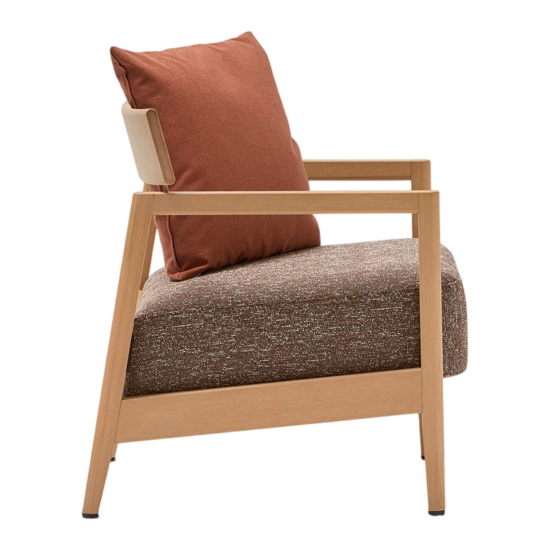 Modern armchair with a light wood frame, brown textured upholstery, and a rust-colored accent pillow.