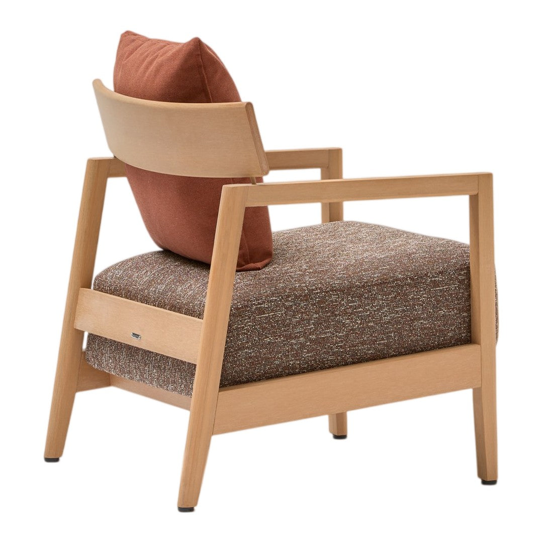 Wood-framed chair with a brown textured seat and back, featuring a rust-colored accent pillow for added contrast.