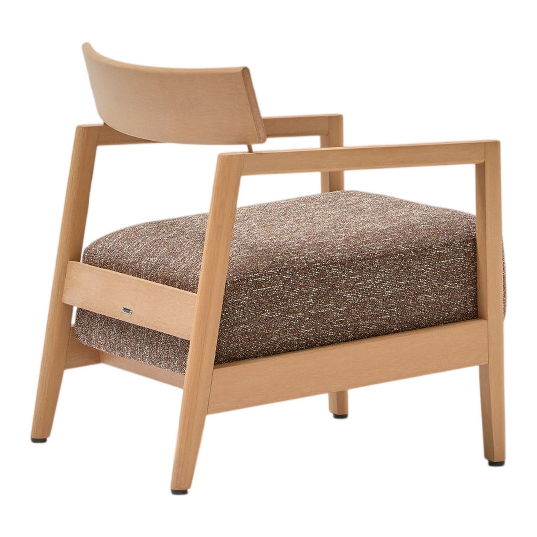 Wooden chair with a light finish and a textured brown fabric cushion, featuring a modern and minimalist design.