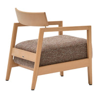 Wooden chair with a light finish and a textured brown fabric cushion, featuring a modern and minimalist design.