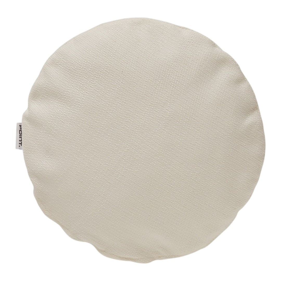 Round cream cushion with a textured fabric pattern, perfect for adding a modern touch to any decor.