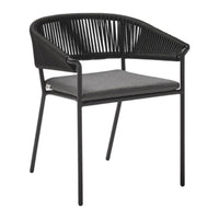 Black woven chair with a sleek design and a contrasting gray cushion. Ideal for modern outdoor or indoor spaces.