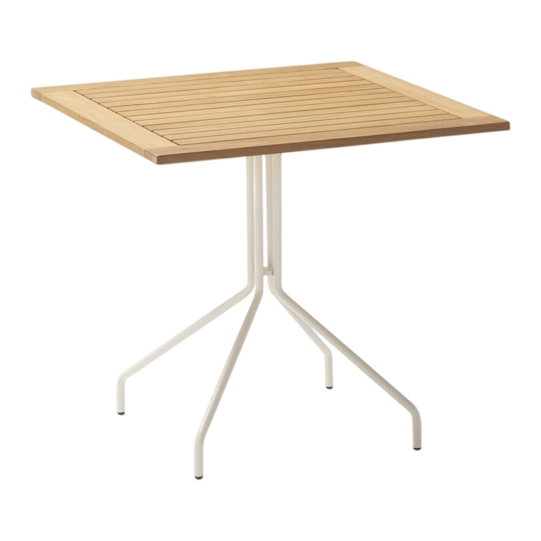 Square wooden table with slatted top and white metal base, featuring natural wood tones and a minimalist design.