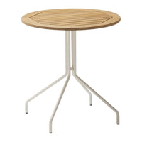 Round wooden table with a natural wood finish and a stylish white metal base, featuring slatted patterns.