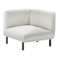 White corner chair with clean lines and minimalistic design, featuring smooth upholstery and black metal legs.