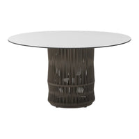 Round white glass tabletop with a textured dark gray base featuring vertical lines and modern design.