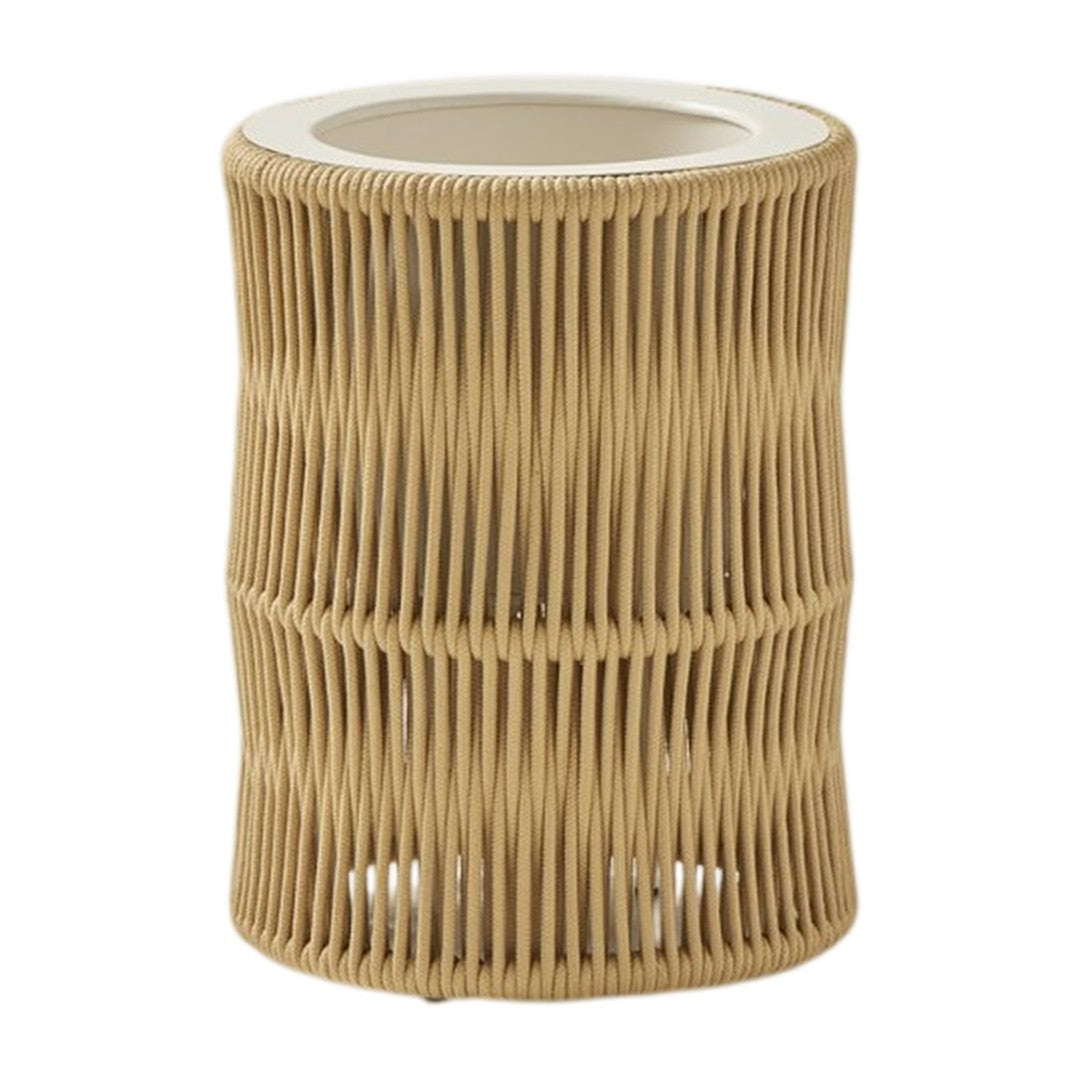 Natural woven rattan accent table in warm beige, featuring a textured vertical pattern. Ideal for modern decor.