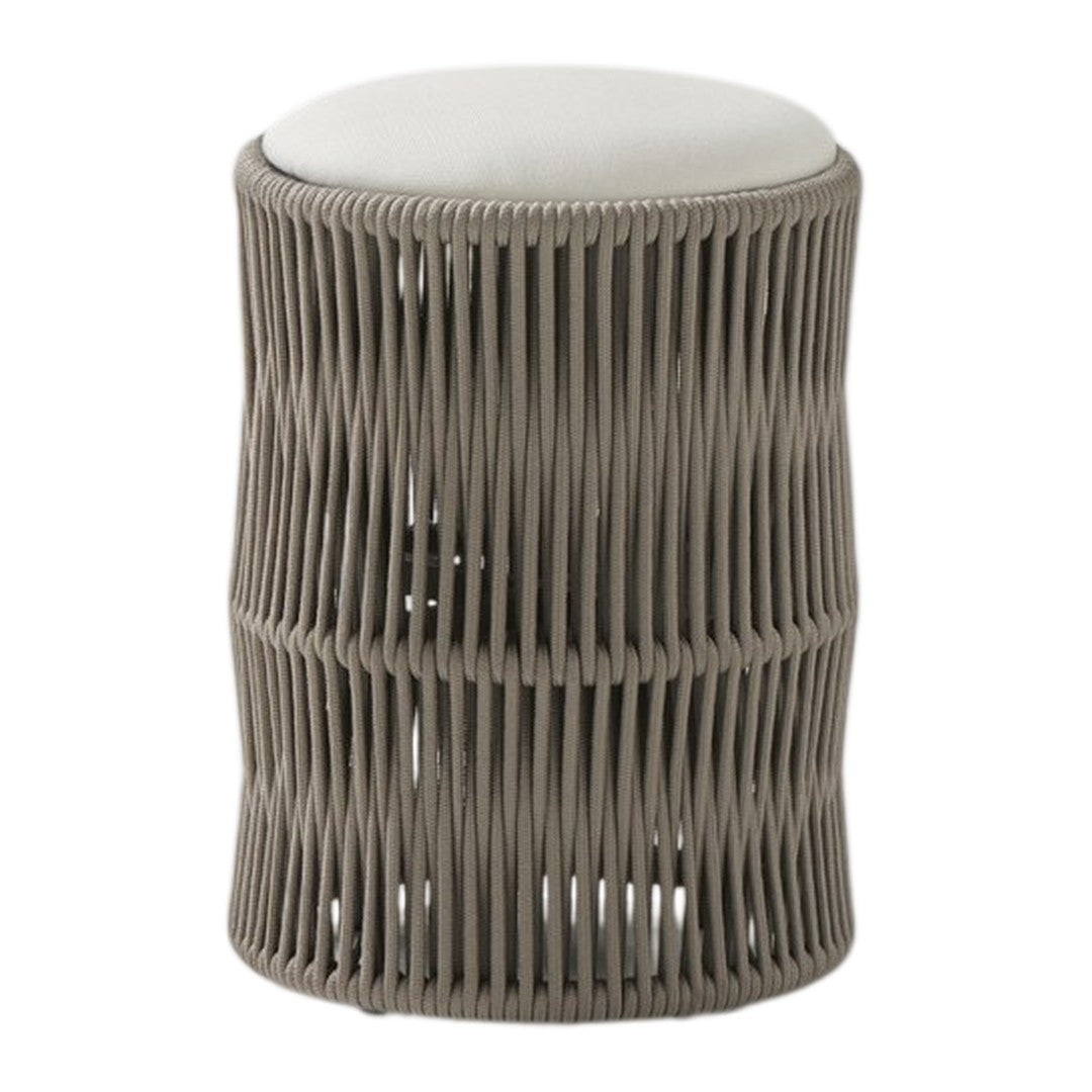 Gray woven stool with a white cushioned top, featuring a modern, cylindrical design and intricate pattern.