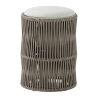 Gray woven stool with a white cushioned top, featuring a modern, cylindrical design and intricate pattern.