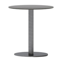 Round black side table with a smooth top and sleek metallic base, featuring a modern minimalist design.