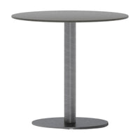 Gray round table with a sleek finish and minimalistic design. Perfect for modern decor.