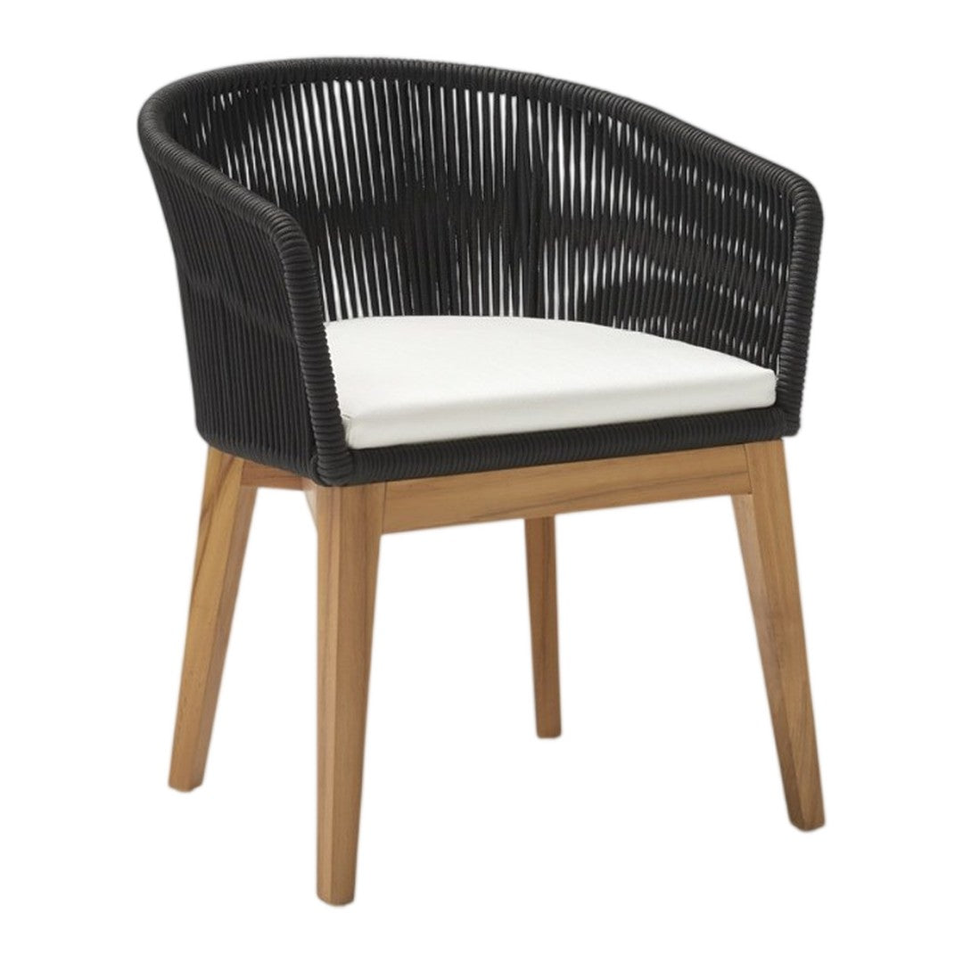 Black woven chair with a cream cushion and natural wood legs, featuring a modern circular design.