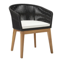 Black woven chair with a cream cushion and natural wood legs, featuring a modern circular design.