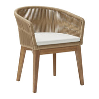 Natural rattan chair with a cream cushion and wooden legs, featuring a sleek, modern design. Perfect for indoor or outdoor use.