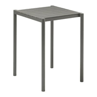 Gray slatted metal side table with clean lines and a minimalist design, ideal for modern decor.