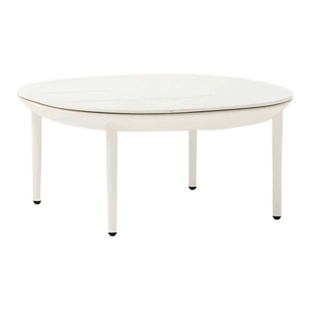 Round coffee table in a sleek, glossy white finish with simple, clean lines and subtle, modern design.