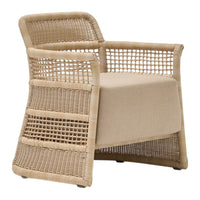 Beige woven armchair with a textured, open weave pattern and a solid cushioned seat for comfort.