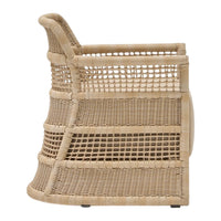 Natural beige rattan chair featuring an elegant woven pattern and smooth curves for a stylish touch.