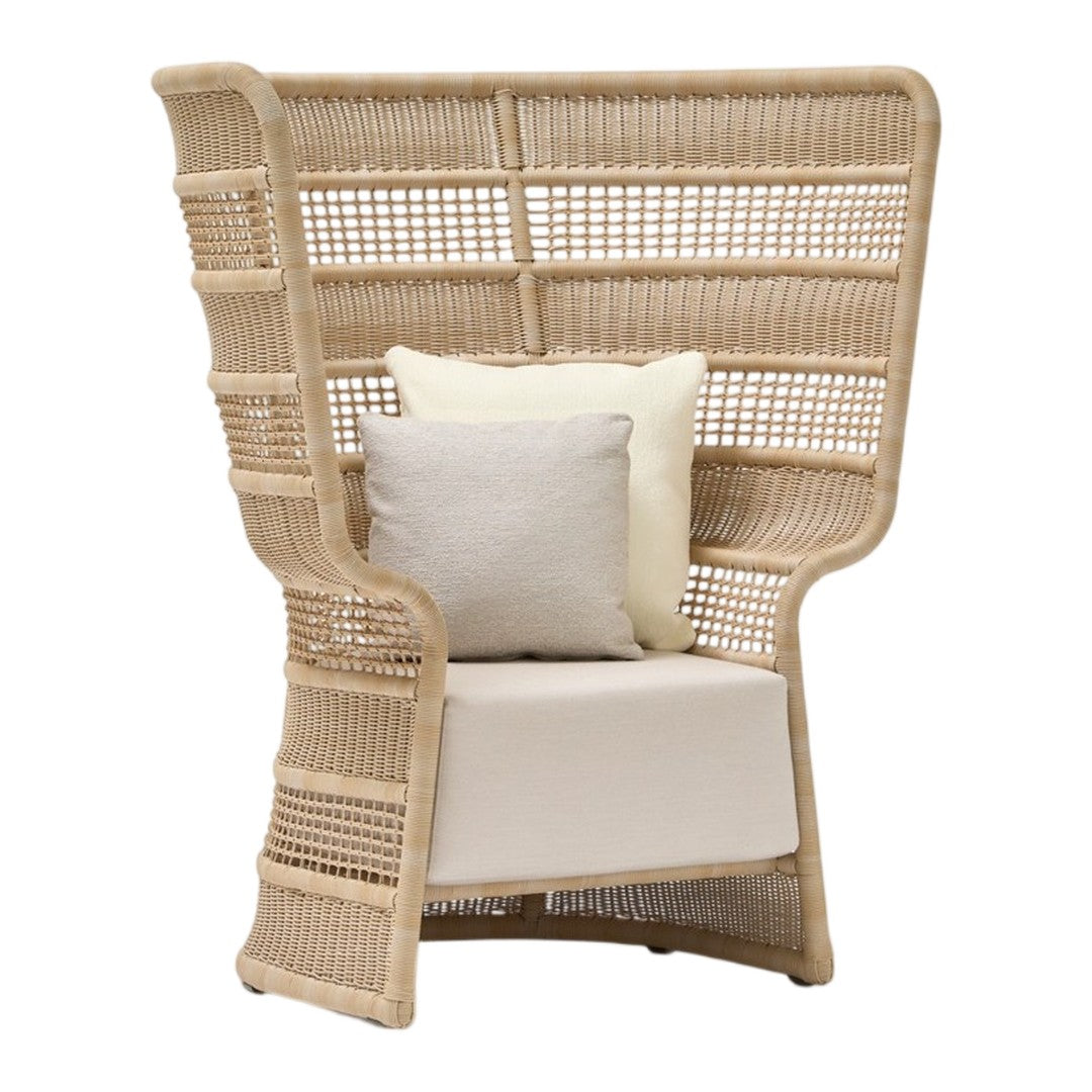Natural rattan chair with an elegant woven pattern, featuring soft cream cushions for a cozy touch.