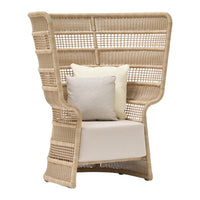 Natural rattan chair with an elegant woven pattern, featuring soft cream cushions for a cozy touch.