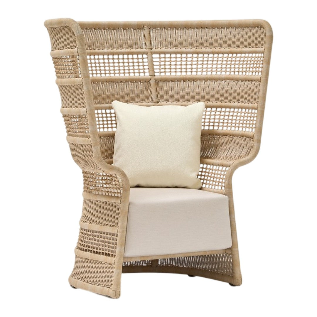 Natural beige rattan chair with intricate woven patterns and a light cream cushion for added comfort.