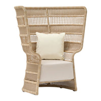 Natural beige rattan chair with intricate woven patterns and a light cream cushion for added comfort.