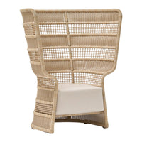 Natural rattan chair with a woven pattern and cream cushion, featuring neutral tones for a modern look.