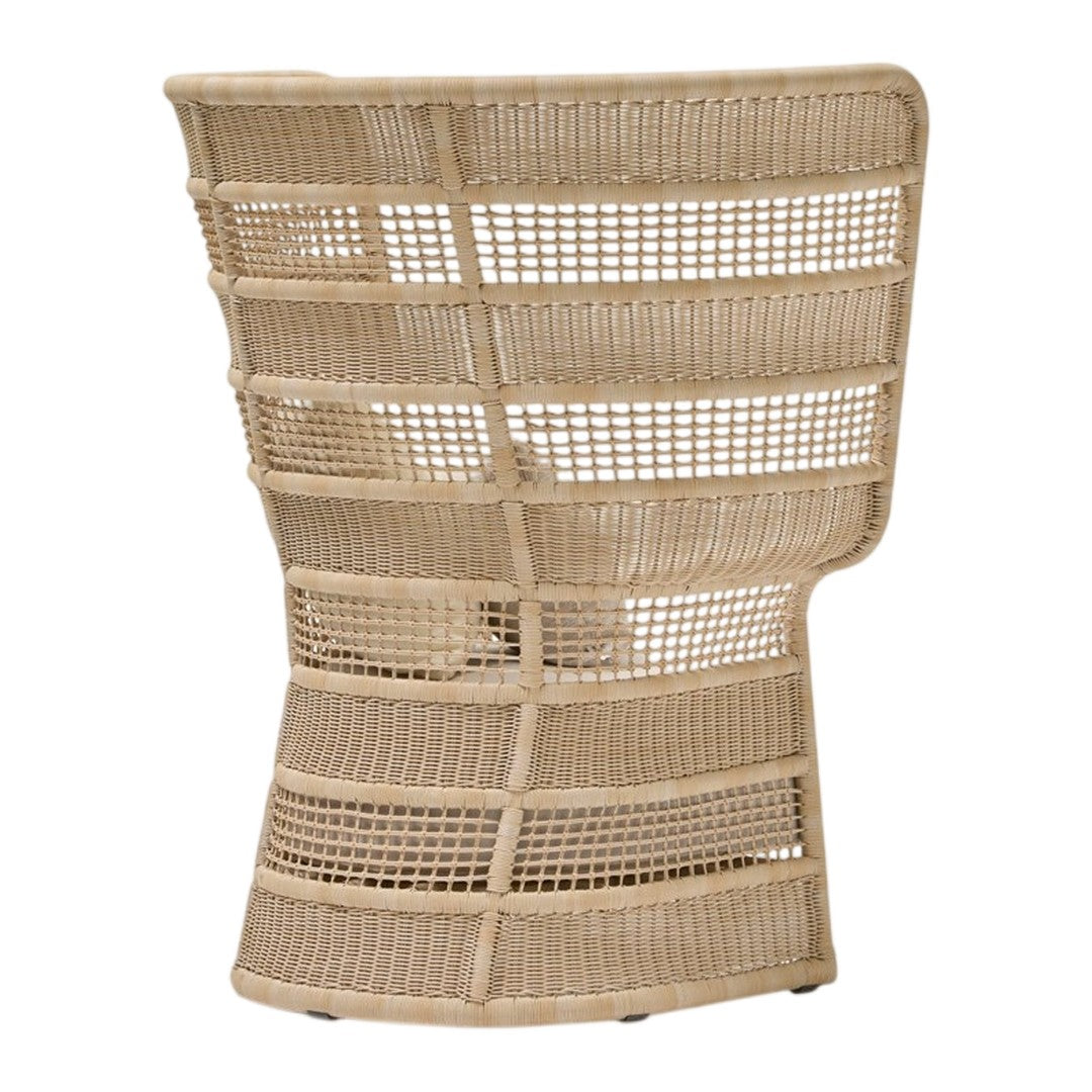 Natural beige woven chair with a modern, open pattern and curved silhouette, perfect for stylish decor.