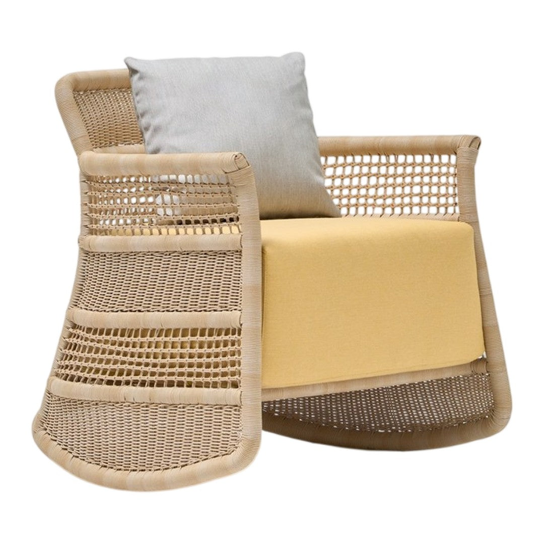 Beige wicker chair with a vibrant yellow cushion and soft gray throw pillow, featuring a modern open weave pattern.