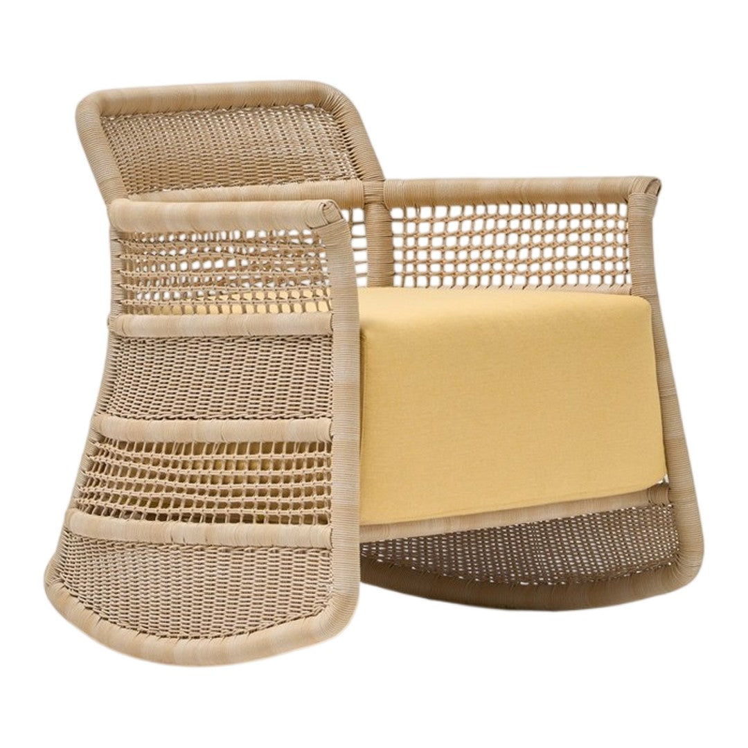 Woven beige chair with a smooth yellow cushion and open geometric pattern for modern decor.