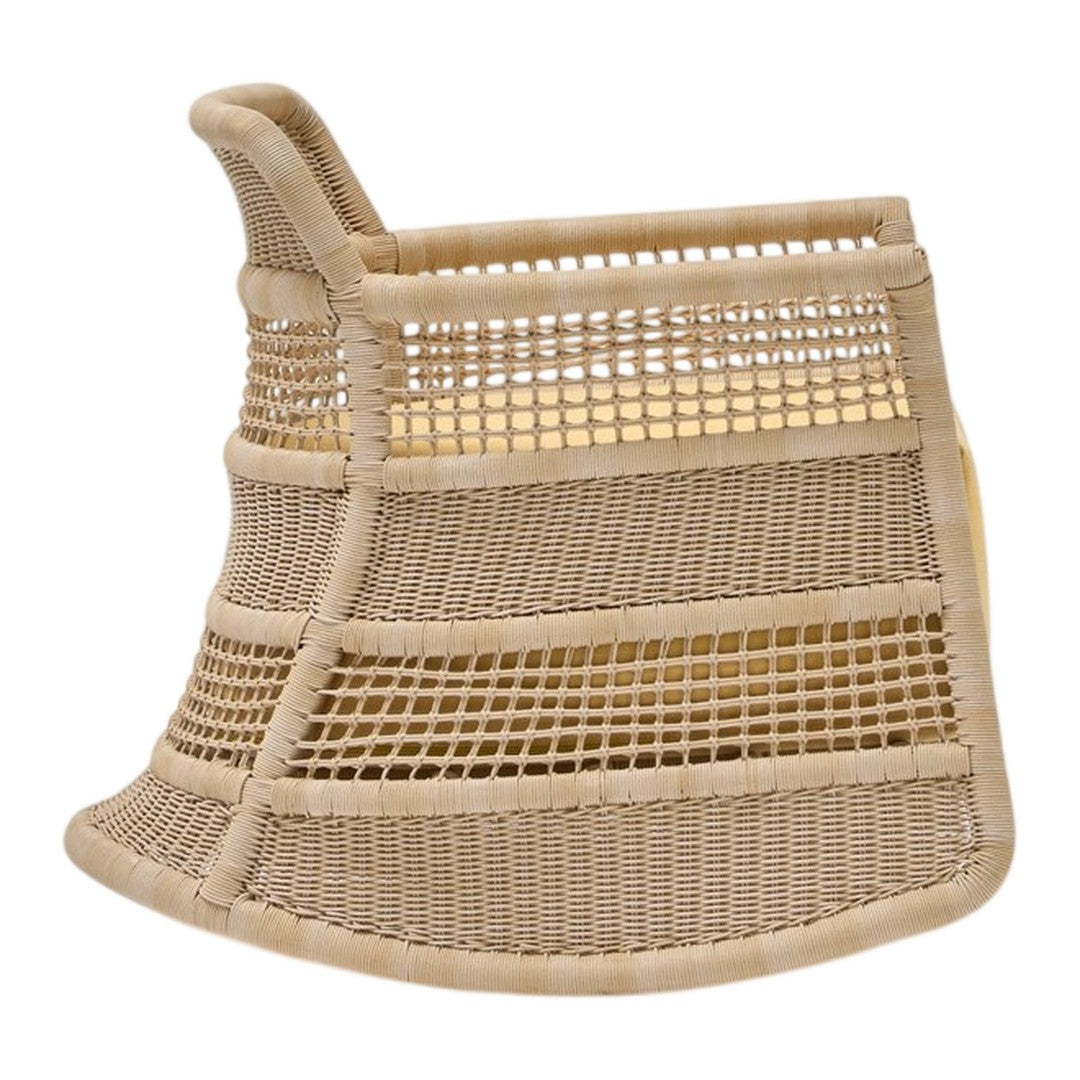 Beige woven basket with an open grid pattern and solid base, perfect for stylish storage solutions.