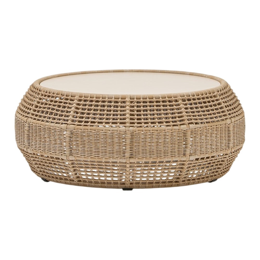 Natural rattan coffee table with a woven textured pattern and smooth white top, perfect for modern decor.