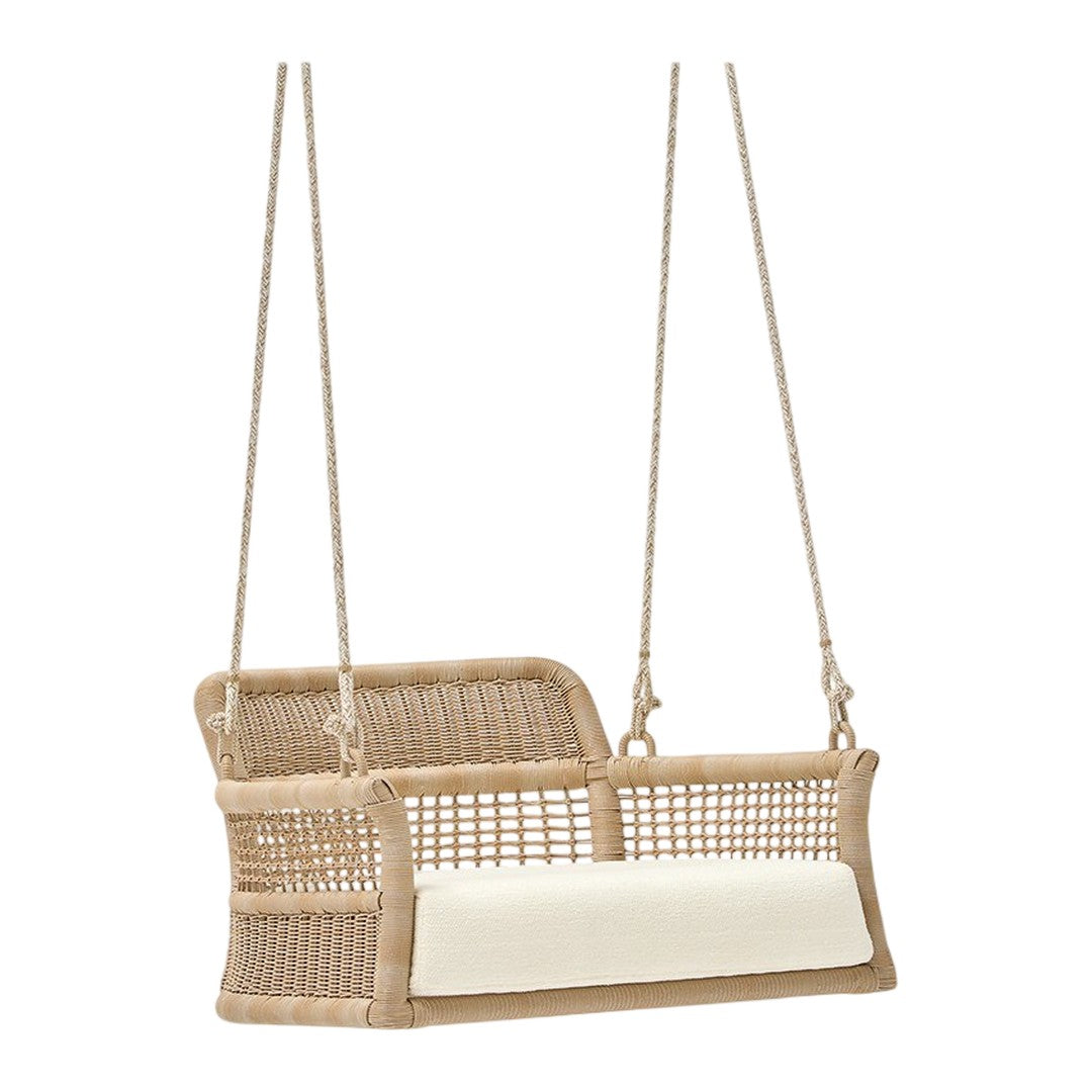 Natural beige swing sofa with woven rattan pattern and a soft white cushion for comfort and style.