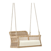 Natural beige swing sofa with woven rattan pattern and a soft white cushion for comfort and style.