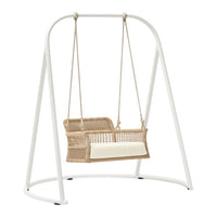 Cream and beige woven swing chair with a sleek white metal frame, ideal for outdoor or indoor settings.