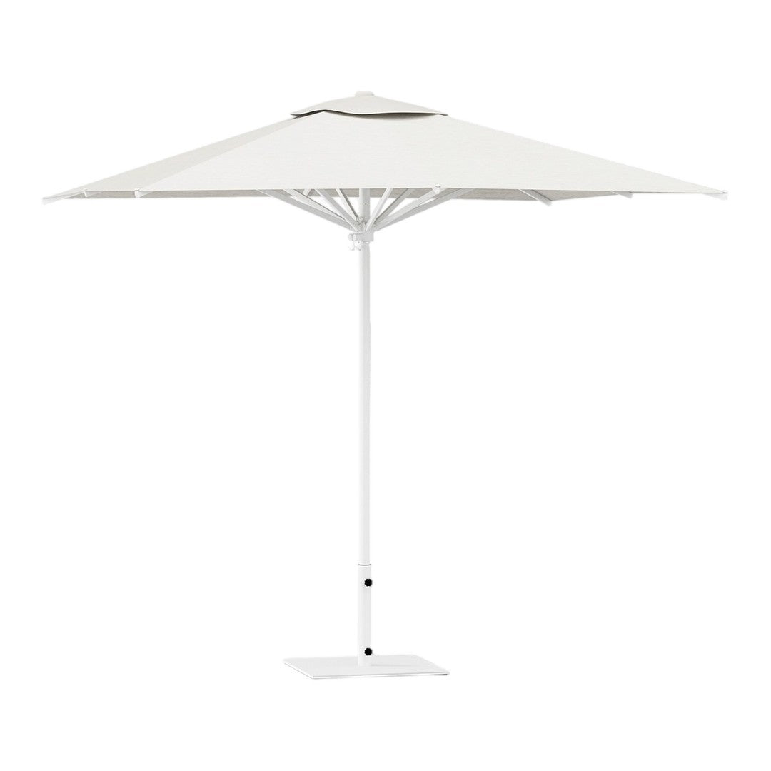 White outdoor umbrella with a simple, sleek design and a triangular canopy for elegant shading.