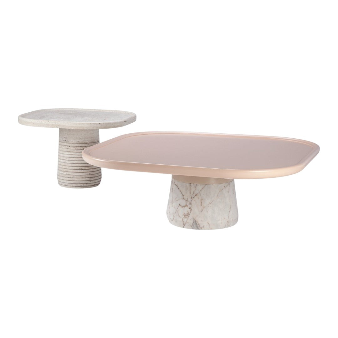 Set of two decorative trays featuring soft pink and neutral marble patterns with muted textures.