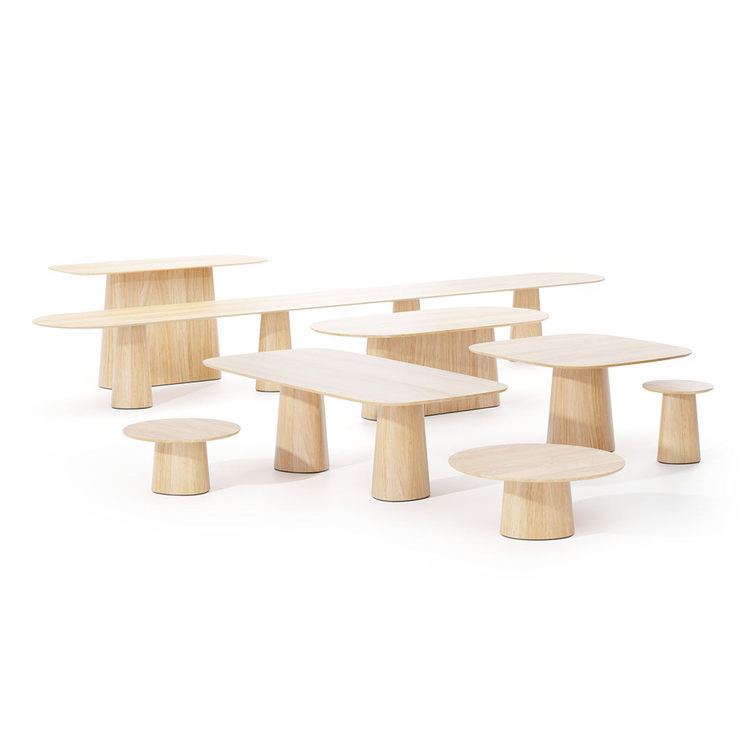 Light wood furniture set in various shapes and sizes with a clean, minimalist design and natural grain patterns.